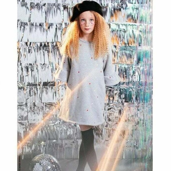 Sonia Rykiel Paris Gray Jersey Dress Embroidered Polka Dot Fleece Ruffle 14Y - Picture 3 of 8
